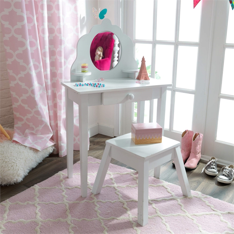 Pemberly Row Modern Wood Medium Kids Vanity Table and Stool in White