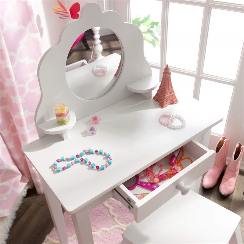 Pemberly Row Modern Wood Medium Kids Vanity Table and Stool in White