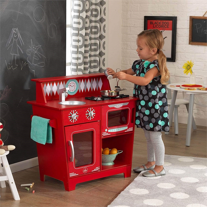 Pemberly Row Contemporary Wood Classic Play Kitchen in Pink Finish