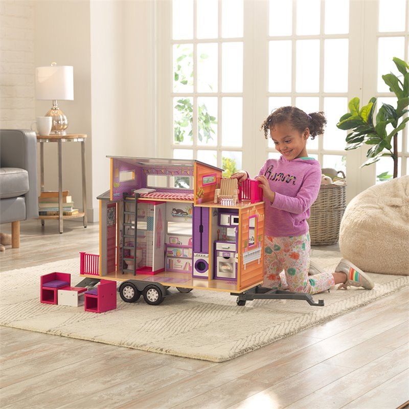 Pemberly Row Modern Wood 10 Piece Teeny Dollhouse in Purple and Pink