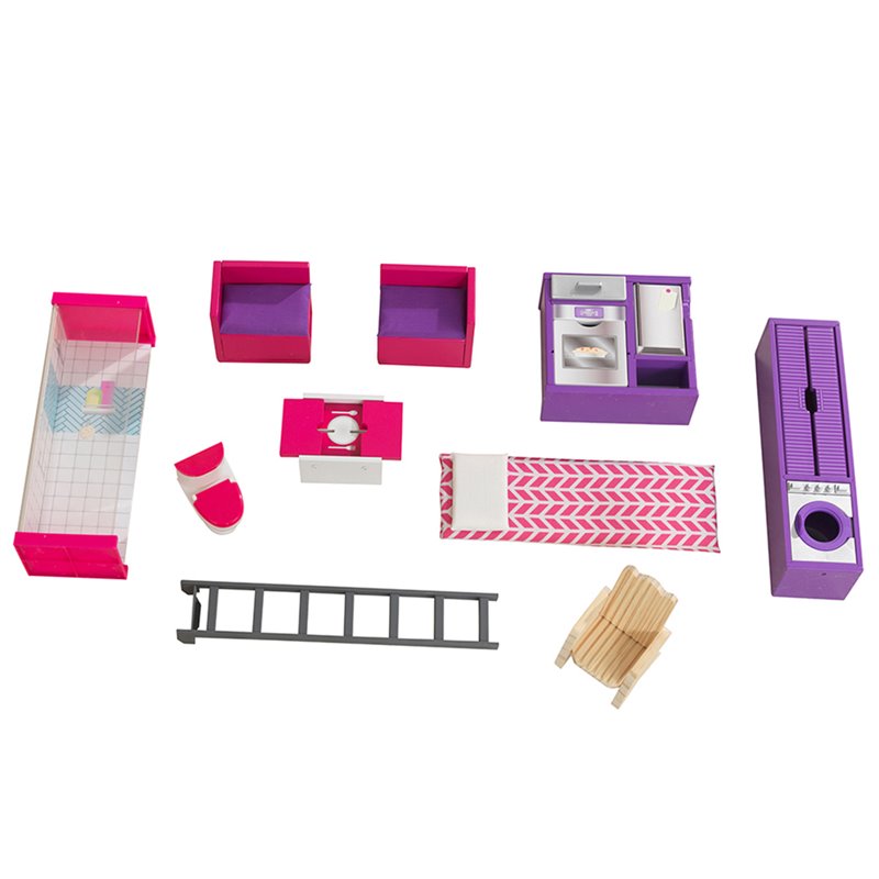 Pemberly Row Modern Wood 10 Piece Teeny Dollhouse in Purple and Pink