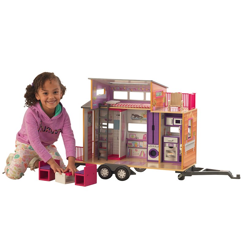 Pemberly Row Modern Wood 10 Piece Teeny Dollhouse in Purple and Pink