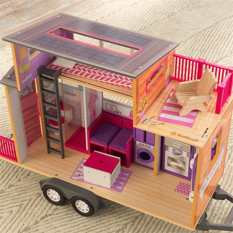 Pemberly Row Modern Wood 10 Piece Teeny Dollhouse in Purple and Pink