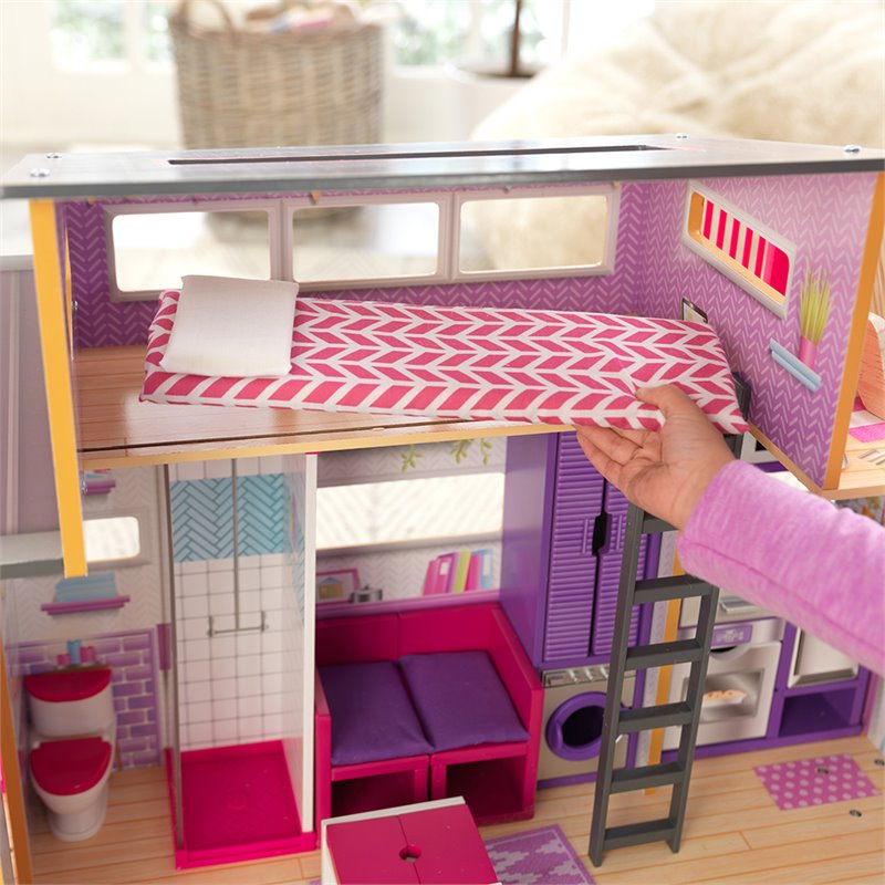 Pemberly Row Modern Wood 10 Piece Teeny Dollhouse in Purple and Pink
