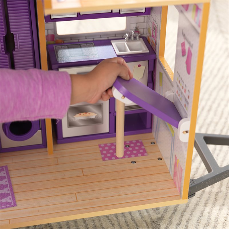 Pemberly Row Modern Wood 10 Piece Teeny Dollhouse in Purple and Pink