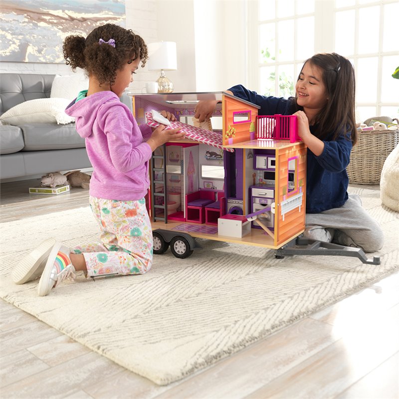Pemberly Row Modern Wood 10 Piece Teeny Dollhouse in Purple and Pink