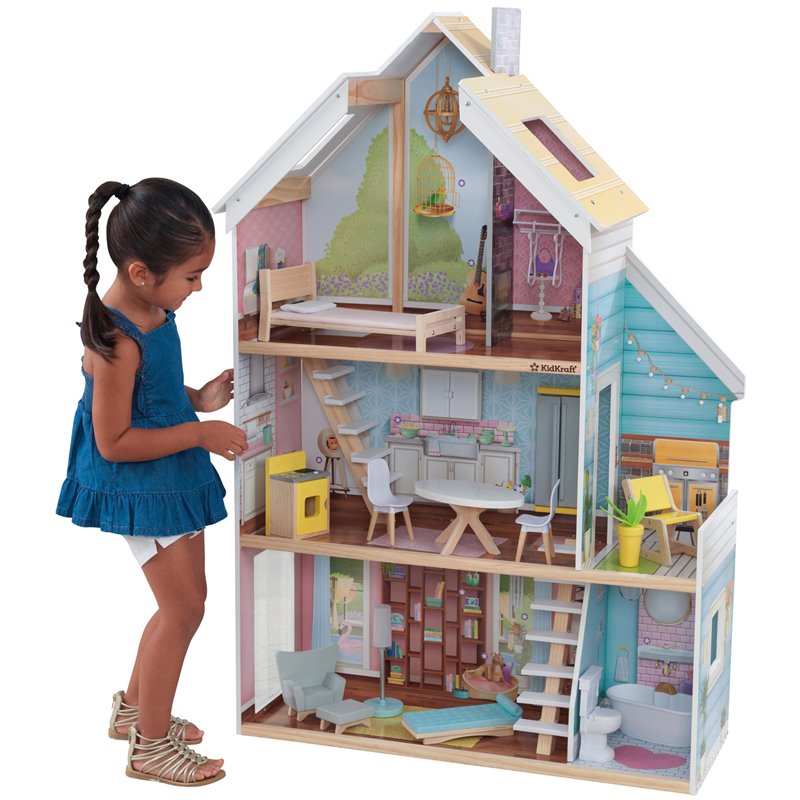 Pemberly Row Magic Lights & Sounds 18 Piece Dollhouse with Easy Assembly