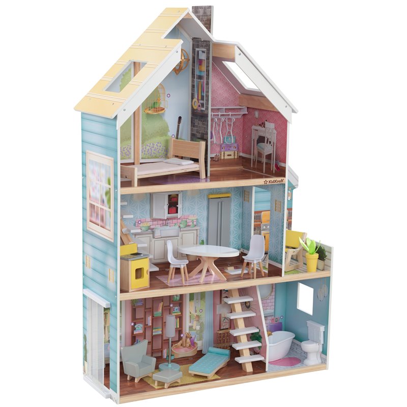 Pemberly Row Magic Lights & Sounds 18 Piece Dollhouse with Easy Assembly