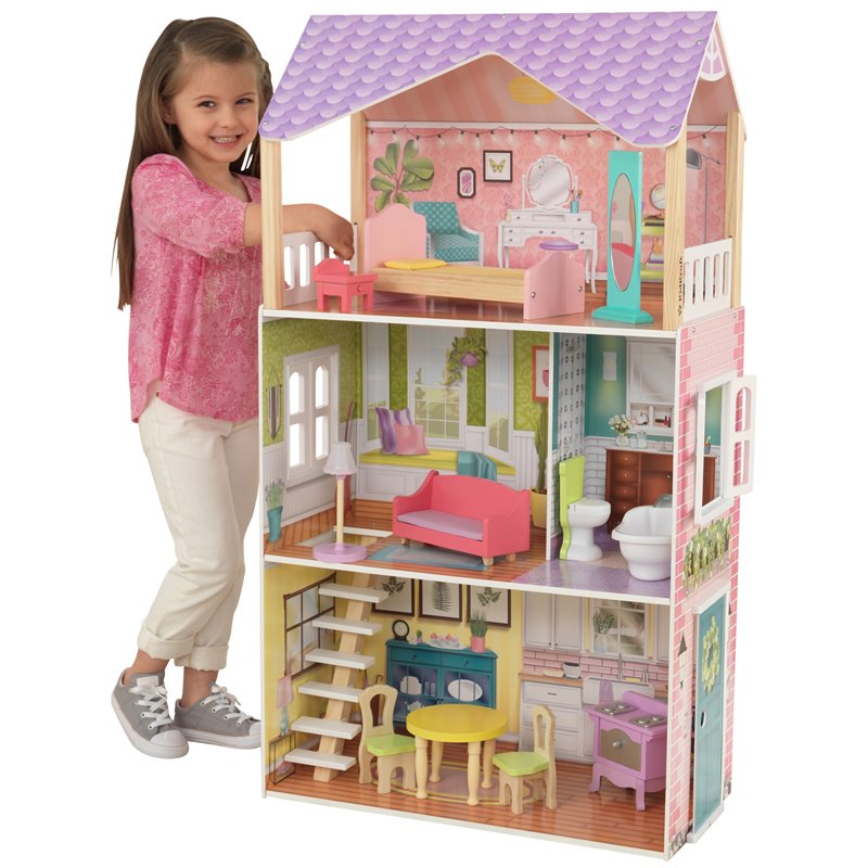 Pemberly Row Modern 11 Piece Multicolored Wooden Plastic Dollhouse