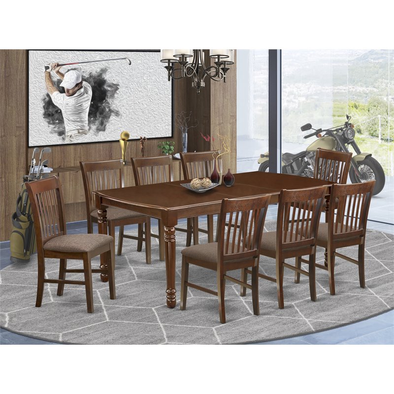 Pemberly Row 9-piece Wood Dining Set w/ Fabric Chairs in Mahogany