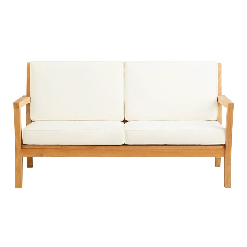 Pemberly Row Outdoor Solid Teak 2 Seat Sofa and UV Resistant Cushions in Natural