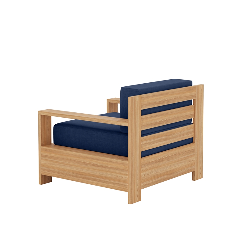 Pemberly Row Modern Teak Outdoor Club Chair with Navy Fabric Cushion