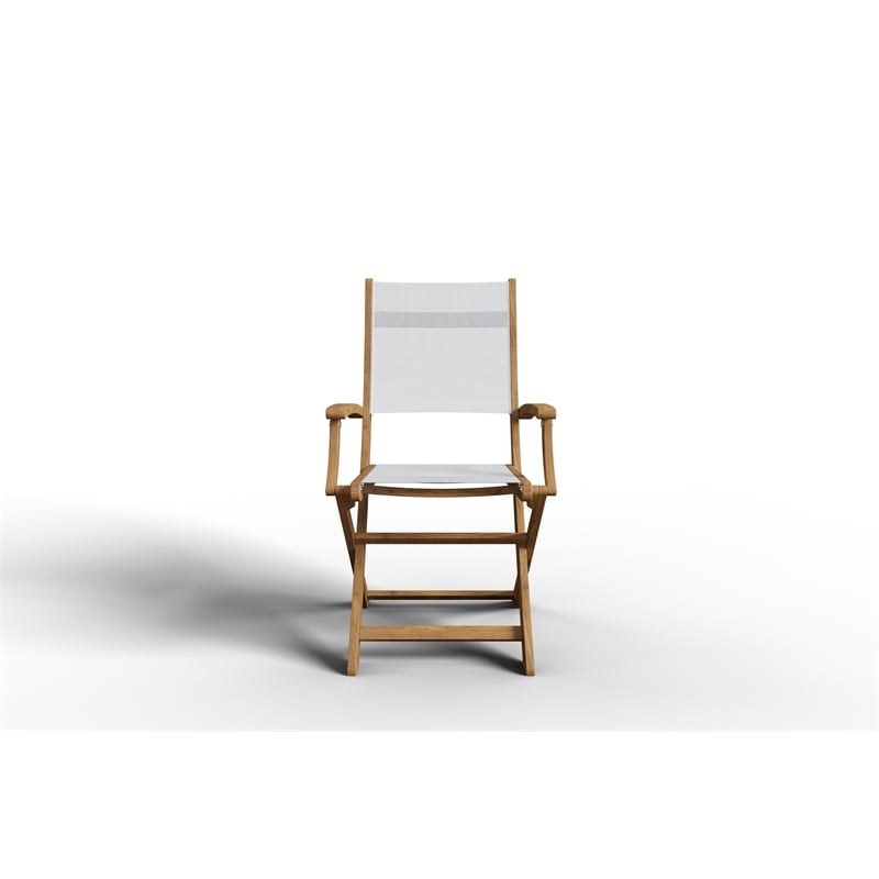 Pemberly Row Modern Teak Outdoor Folding Armchair in White Dura-Sling Fabric