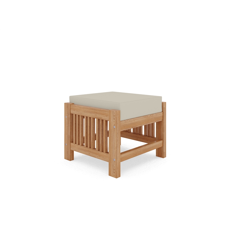 Pemberly Row Modern Teak Outdoor Ottoman with Canvas Cushions in Beige
