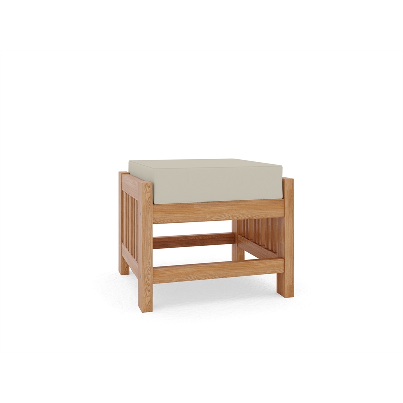 Pemberly Row Modern Teak Outdoor Ottoman with Canvas Cushions in Beige