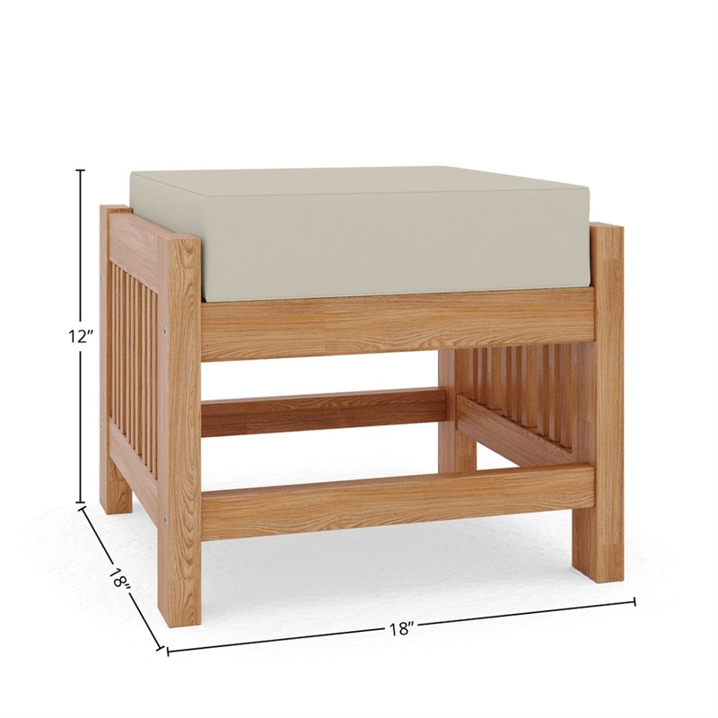 Pemberly Row Modern Teak Outdoor Ottoman with Canvas Cushions in Beige