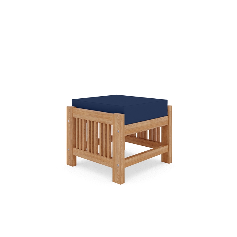 Pemberly Row Contemporary Teak Outdoor Ottoman with Navy Cushions