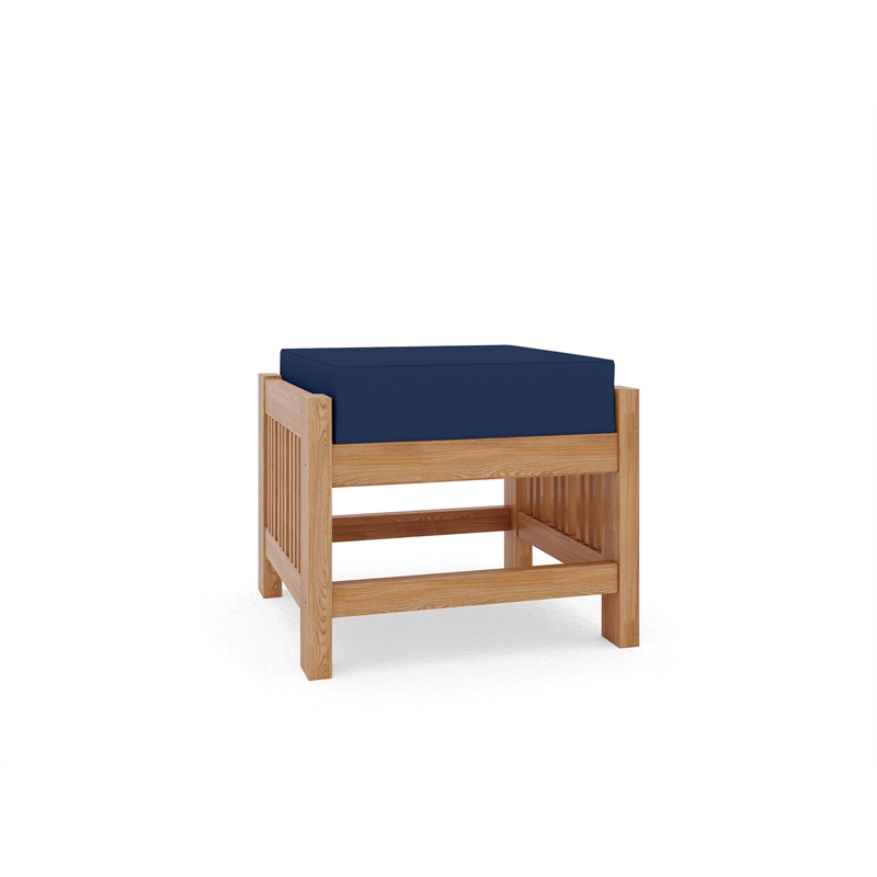 Pemberly Row Contemporary Teak Outdoor Ottoman with Navy Cushions