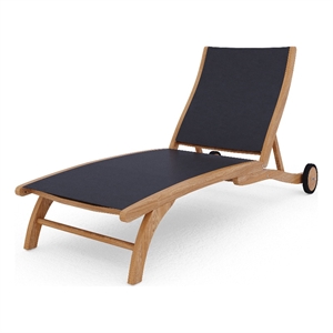 Pemberly Row Modern Teak Outdoor Reclining Chaise Lounger in Black with Wheels