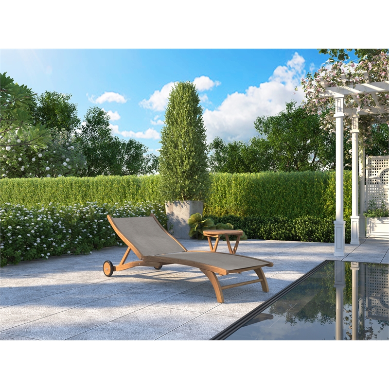Pemberly Row Modern Teak Outdoor Reclining Chaise Lounger in Taupe with Wheels