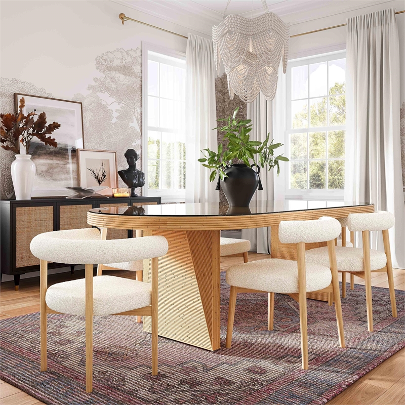 Pemberly Row Coastal Accent Oval Rattan & Glass Dining Table in Natural