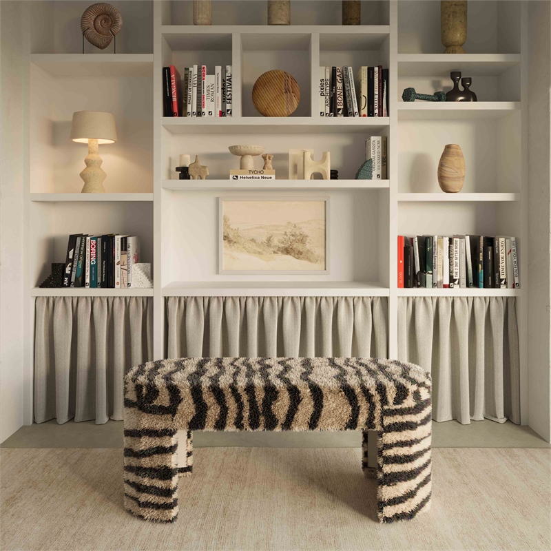 Pemberly Row Contemporary Accent Retro Brown Striped Tufted Bench