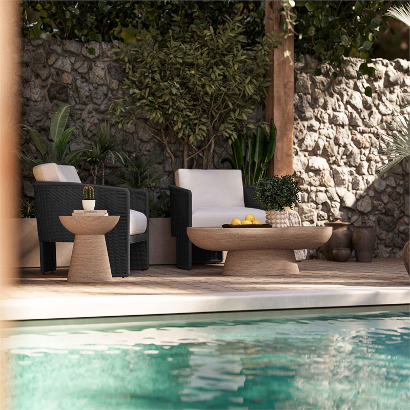Pemberly Row Black Rattan Performance Fabric Outdoor Armchair