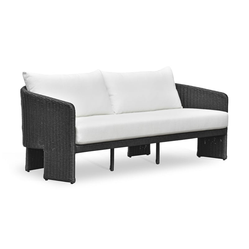 Pemberly Row Contemporary Black Rattan Performance Fabric Outdoor Sofa