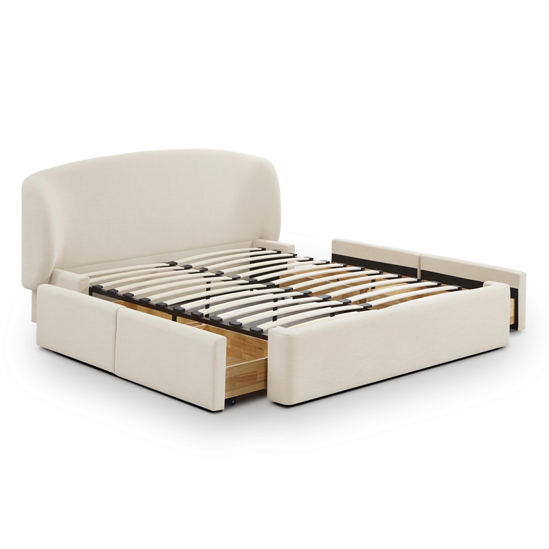 Pemberly Row Contemporary Cream Upcycled Linen Queen Storage Bed