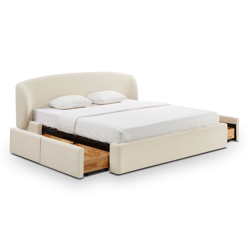 Pemberly Row Contemporary Cream Upcycled Linen King Storage Bed