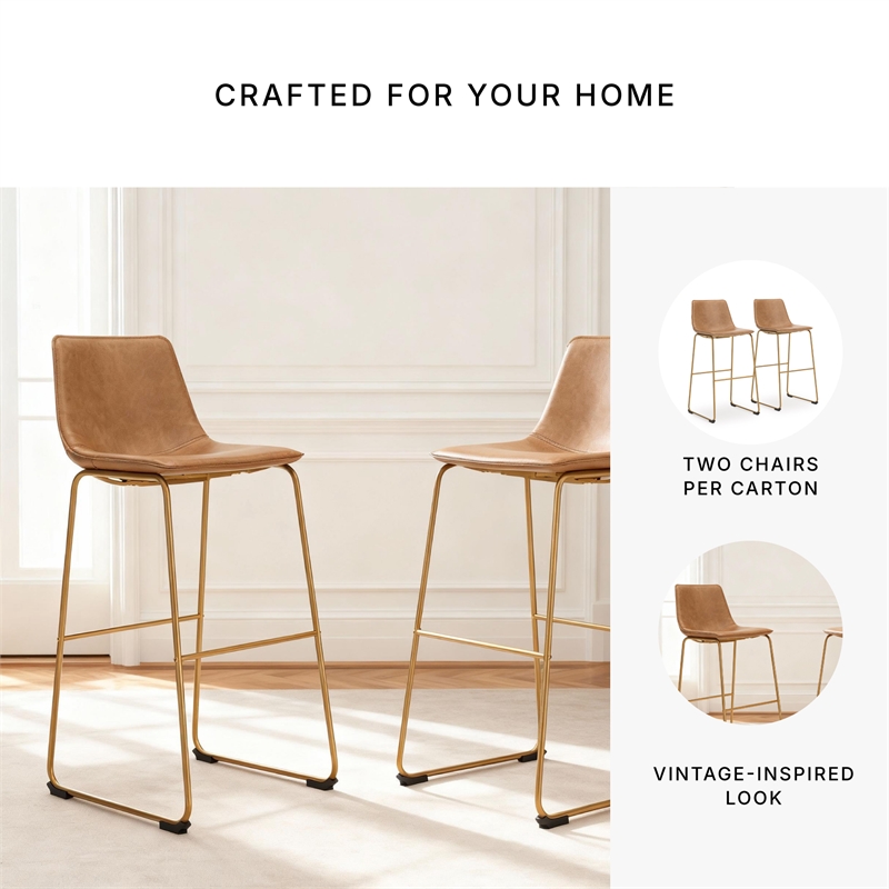 Pemberly Row Contemporary Faux Leather Brown & Gold Tall Barstool - Set of 2