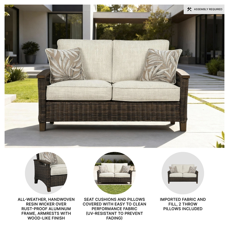 Pemberly Row Contemporary Polyester Beige & Brown Loveseat with Cushion
