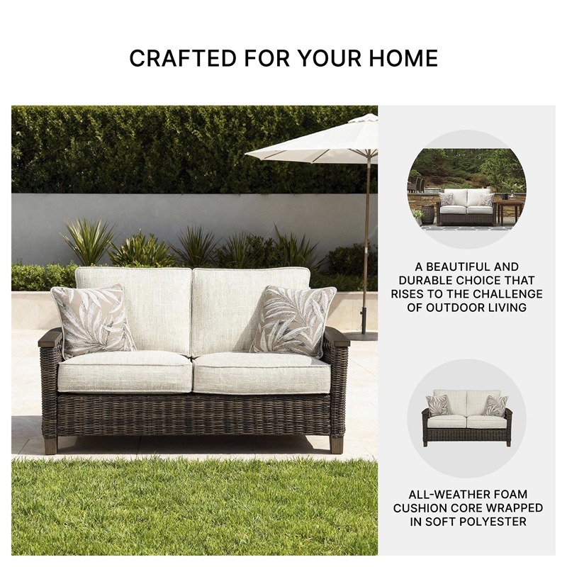 Pemberly Row Contemporary Polyester Beige & Brown Loveseat with Cushion