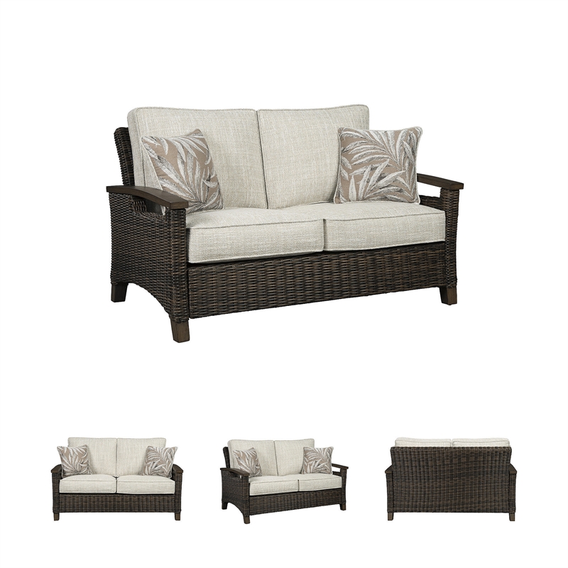 Pemberly Row Contemporary Polyester Beige & Brown Loveseat with Cushion