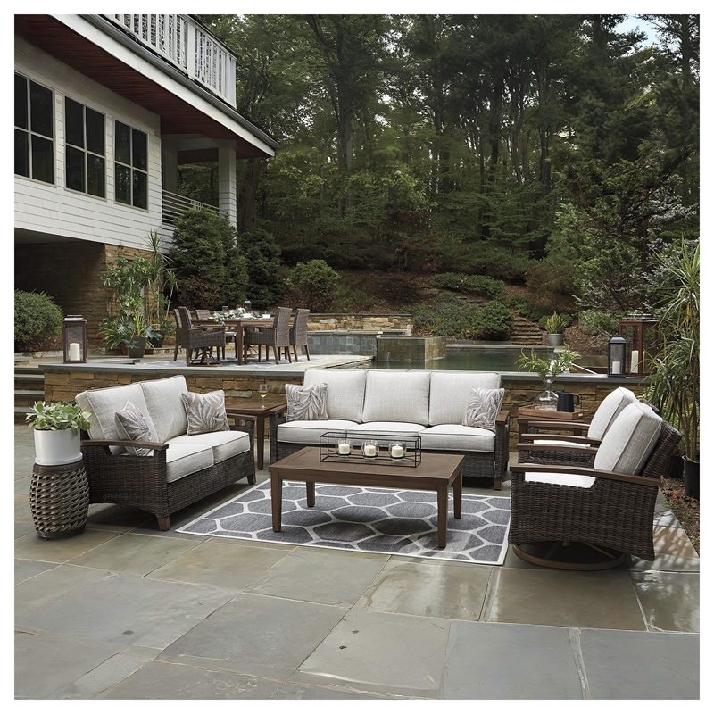 Pemberly Row Contemporary Polyester Beige & Brown Loveseat with Cushion