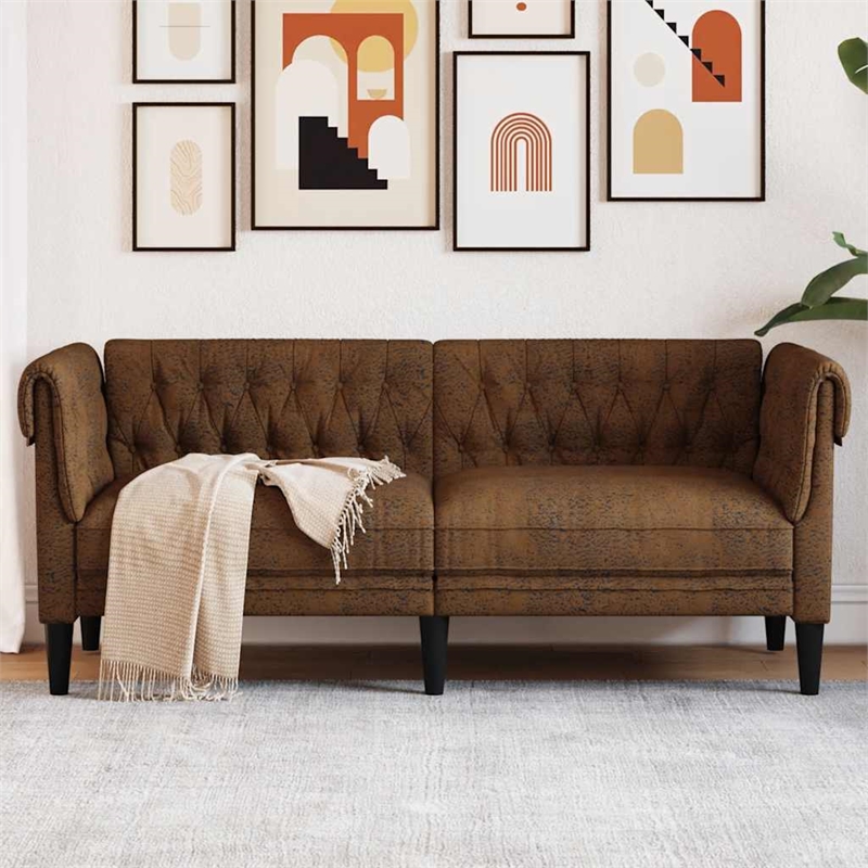 Pemberly Row Fabric Polyester Chesterfield Sofa in Brown Fabric