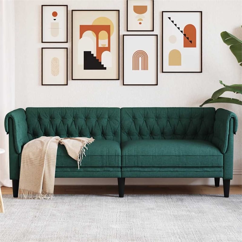 Pemberly Row Fabric Polyester Chesterfield Sofa in Dark Green