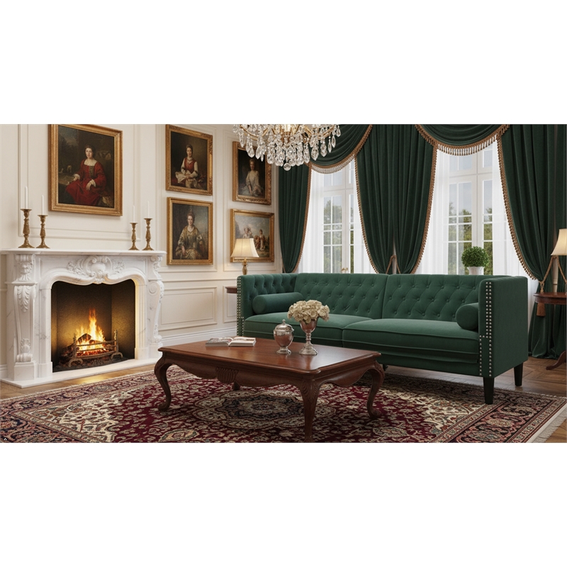 Pemberley Row Velvet Dark Green Chesterfield Sofa Rectangular Button-Tufted 3-Seater Unassembled