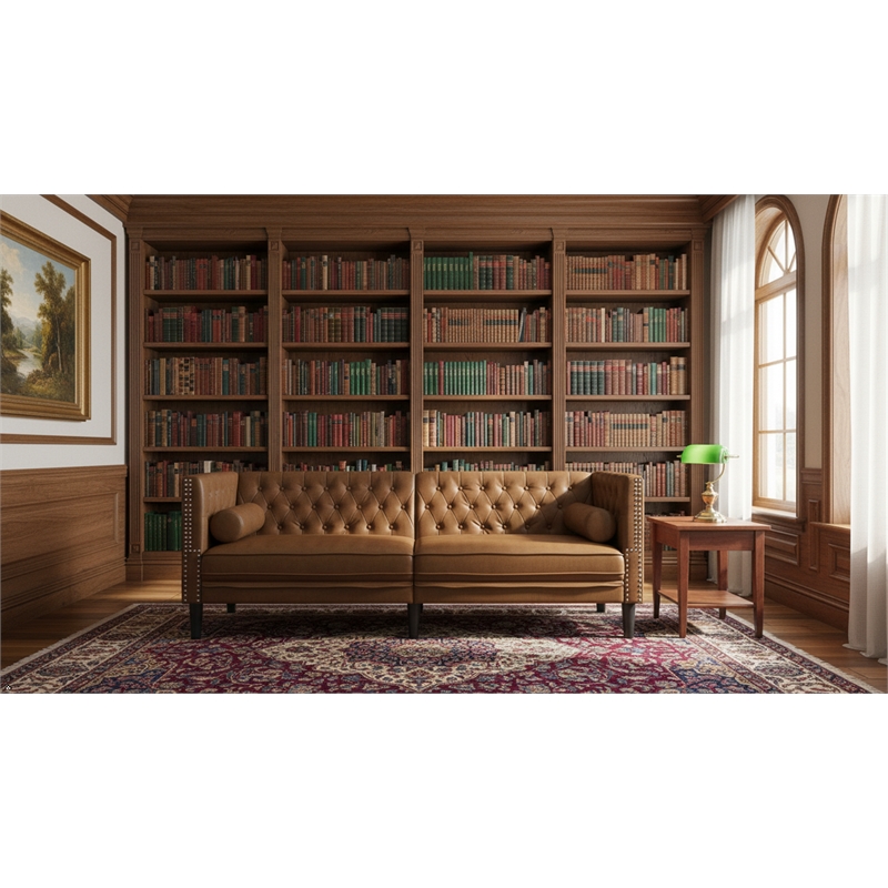 Pemberly Row Fabric Polyester 3-Seater Chesterfield Sofa in Brown