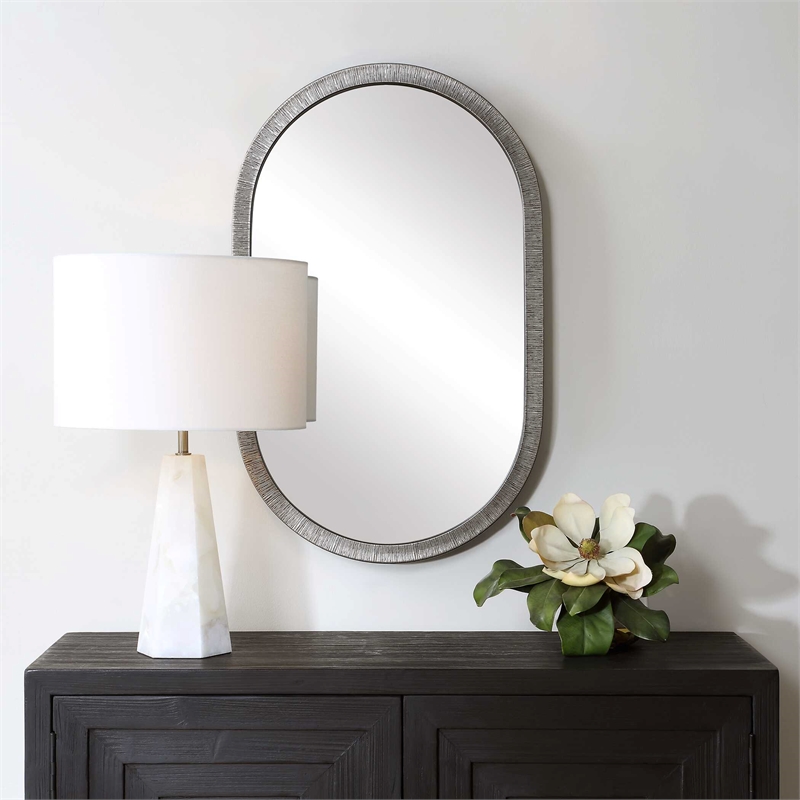 Pemberly Row Contemporary Pill-Shaped Versatile Wall Mirror in Gray