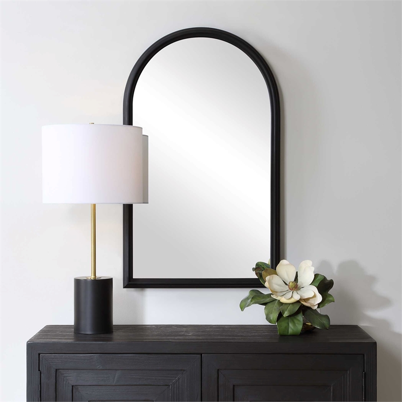 Pemberly Row Contemporary Elegant Arched Top Mirror in Black Frame