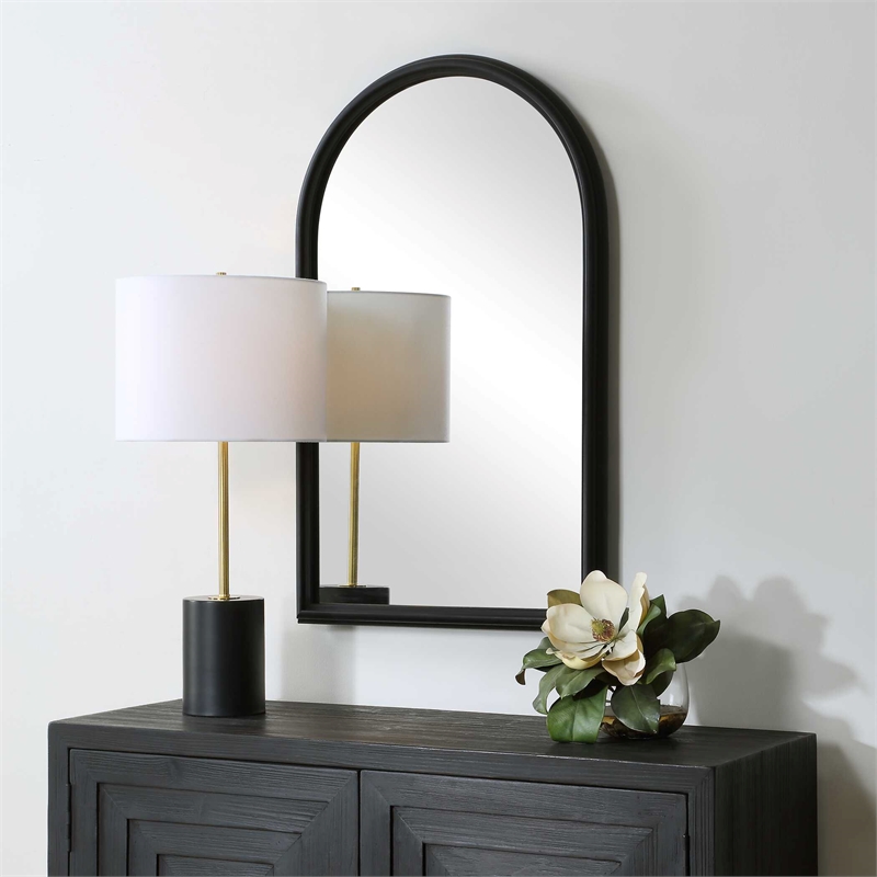 Pemberly Row Contemporary Elegant Arched Top Mirror in Black Frame