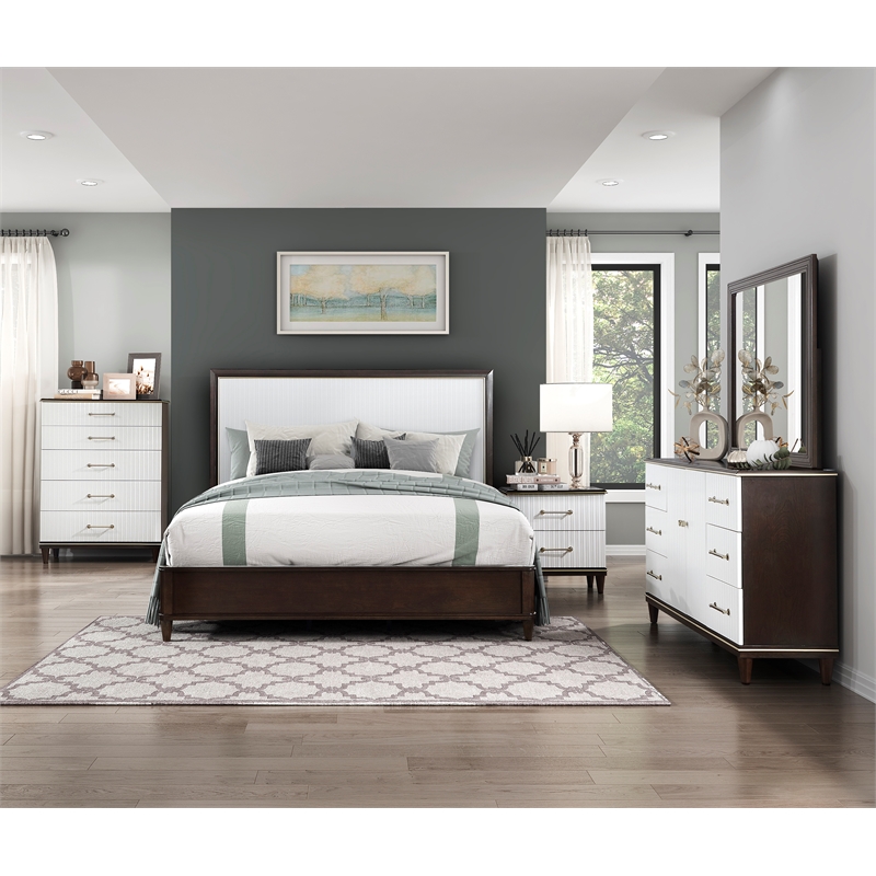 Pemberly Row Wood Queen Bed in 2-Tone with Gold Trim (White & Cherry)