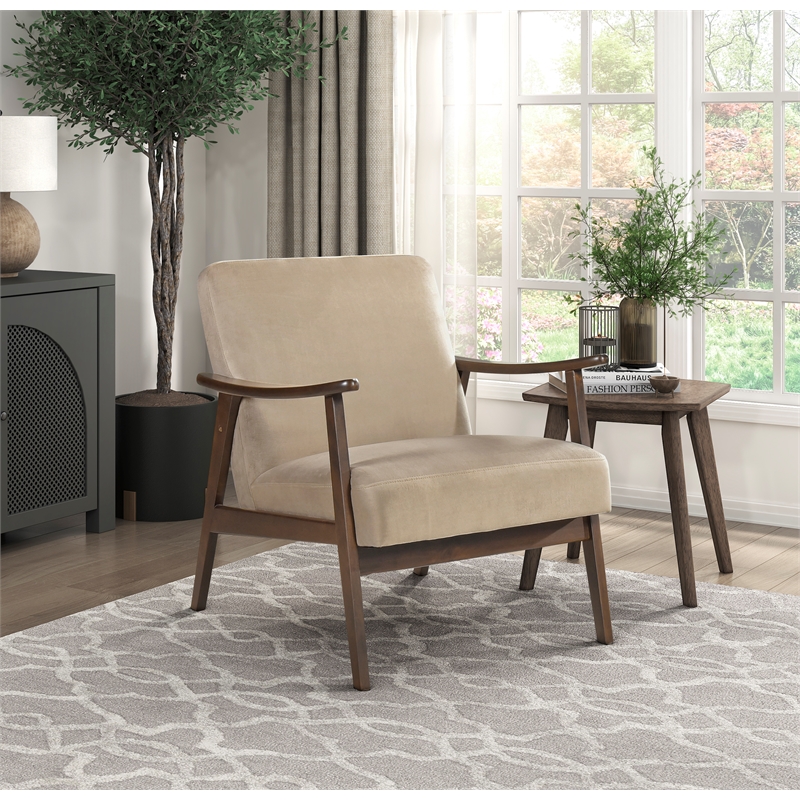Pemberly Row Mid-Century Wood and Velvet Accent Chair in Light Brown