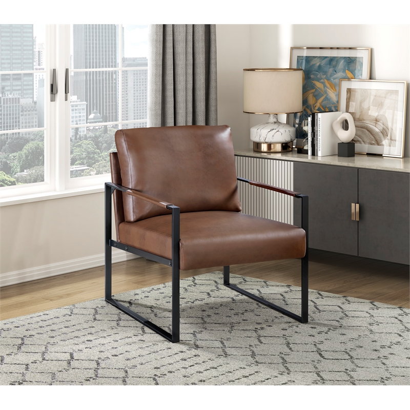 Pemberly Row Mid-Century Faux leather Accent Chair in Brown Finish