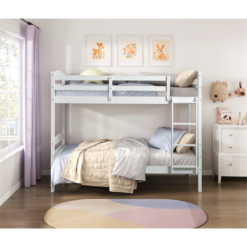 Pemberly Row Asian Hardwood Twin/Twin Bunk Bed in Wire Brushed White Finish