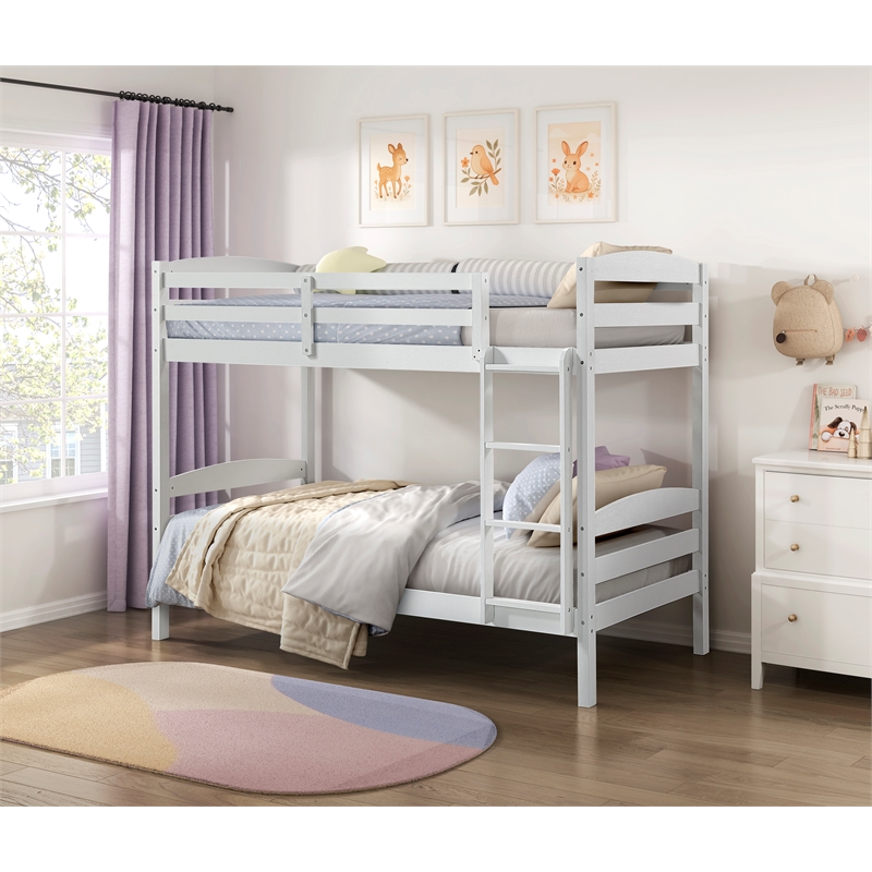 Pemberly Row Asian Hardwood Twin/Twin Bunk Bed in Wire Brushed White Finish