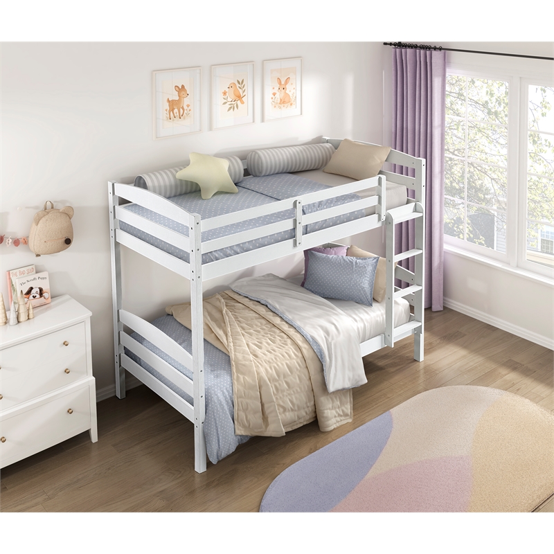 Pemberly Row Asian Hardwood Twin/Twin Bunk Bed in Wire Brushed White Finish