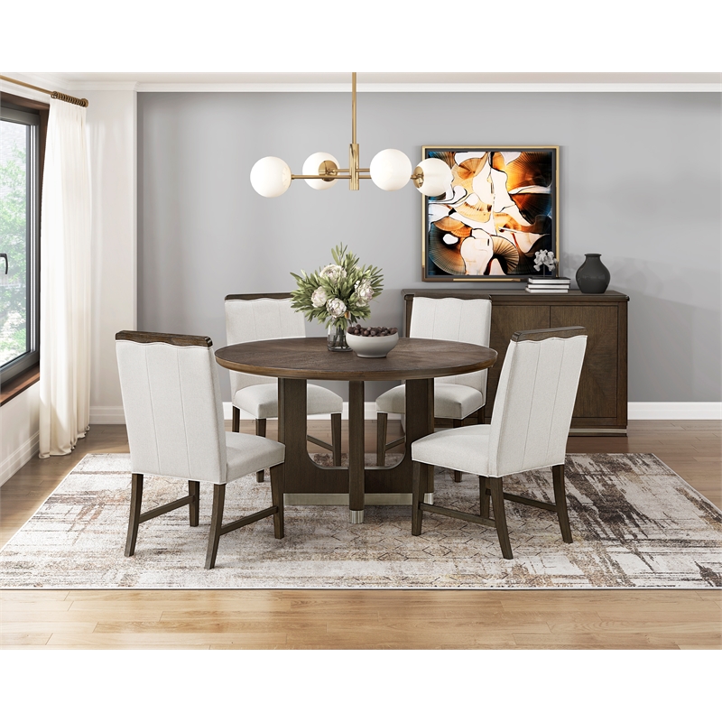Pemberly Row Rubber Wood Round Dining Table in Wire Brushed Brown