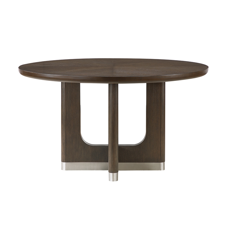 Pemberly Row Rubber Wood Round Dining Table in Wire Brushed Brown